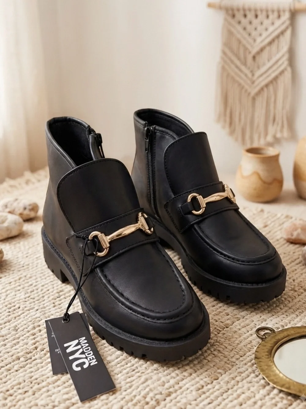 Madden NYC Women's Faux Suede Lug Sole Loafer Booties Black NWT